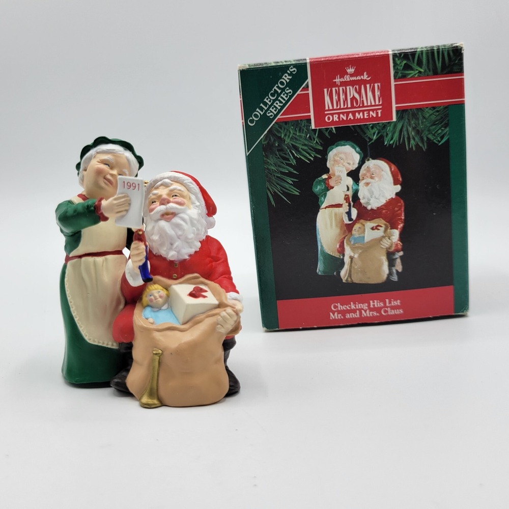 Vtg Hallmark Checking His List Mr. and Mrs. Claus 1991 Christmas Tree Ornament